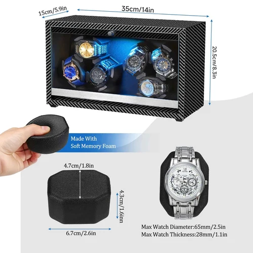 Imagen 2 del producto Bobinadora de reloj para relojes automáticos, agitador de reloj con 6/4/2/1 ranuras, caja de madera con súper Motor, luz LED azul, caja de presentación para joyería