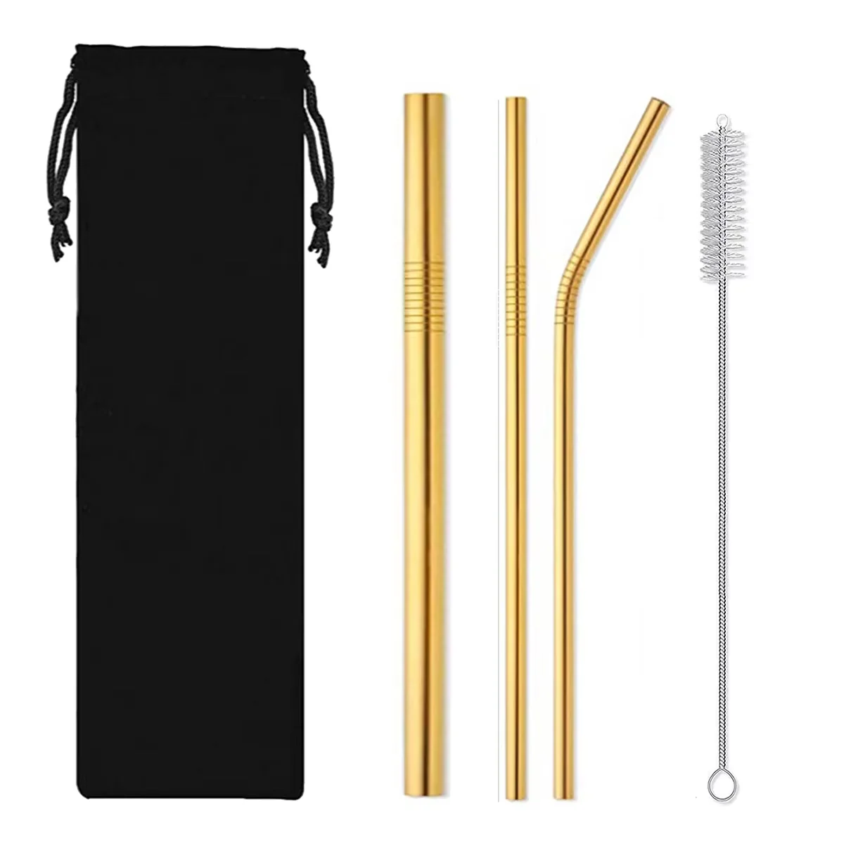Stainless Steel Straw Combination 1 Straight Tube 1 Curved Tube 1 Large Straw 1 Cleaning Brush Milk Drink Juice Straw