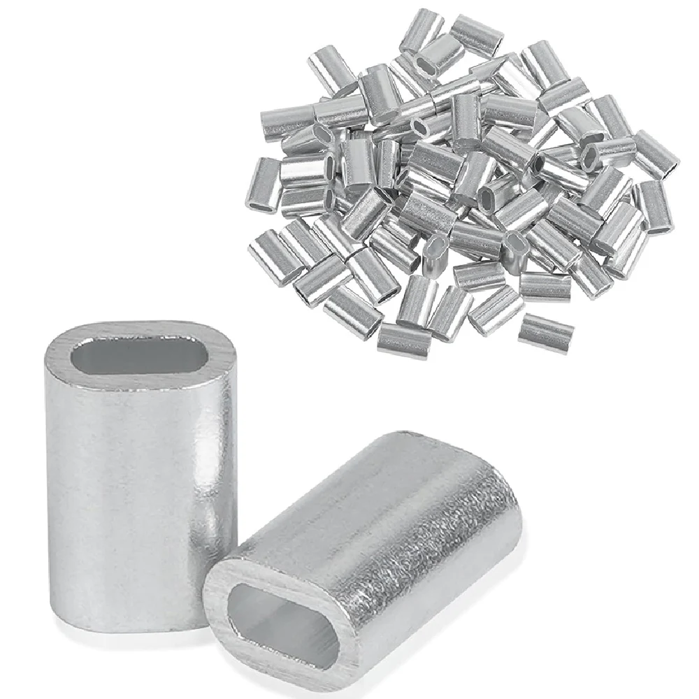 100pcs Crimp Sleeves Aluminum Single Barrel Oval Crimping Sleeves Fishing Line Tube Connectors Wire Rope Fishing Tackle