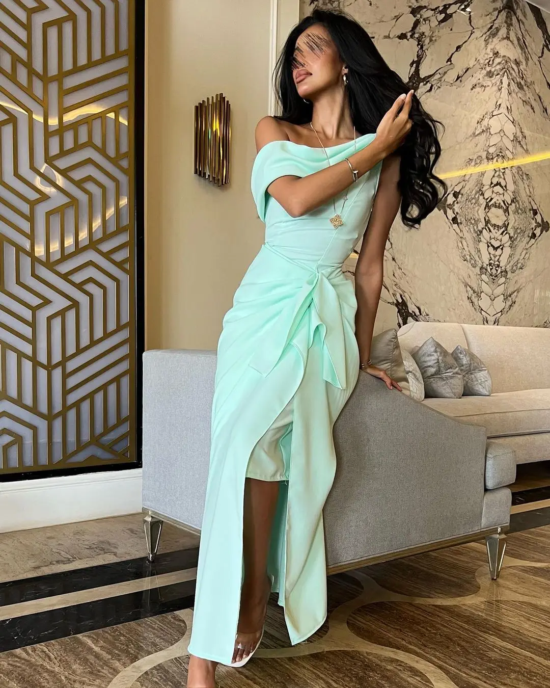 

Mint Green Simple Style Mermaid Prom Dresses 2023 Off Shoulder Sleeveless Ruched Customizable Arabia Formal Occasion Dresses