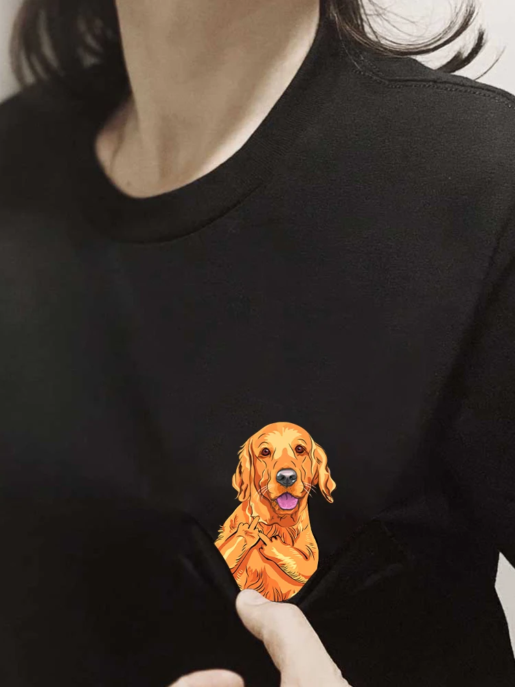 CLOOCL Animals Cotton T-shirts Fashion Pets Dogs Golden Retriever Middle Finger Pocket Casual Tees Tops Men Women Clothing