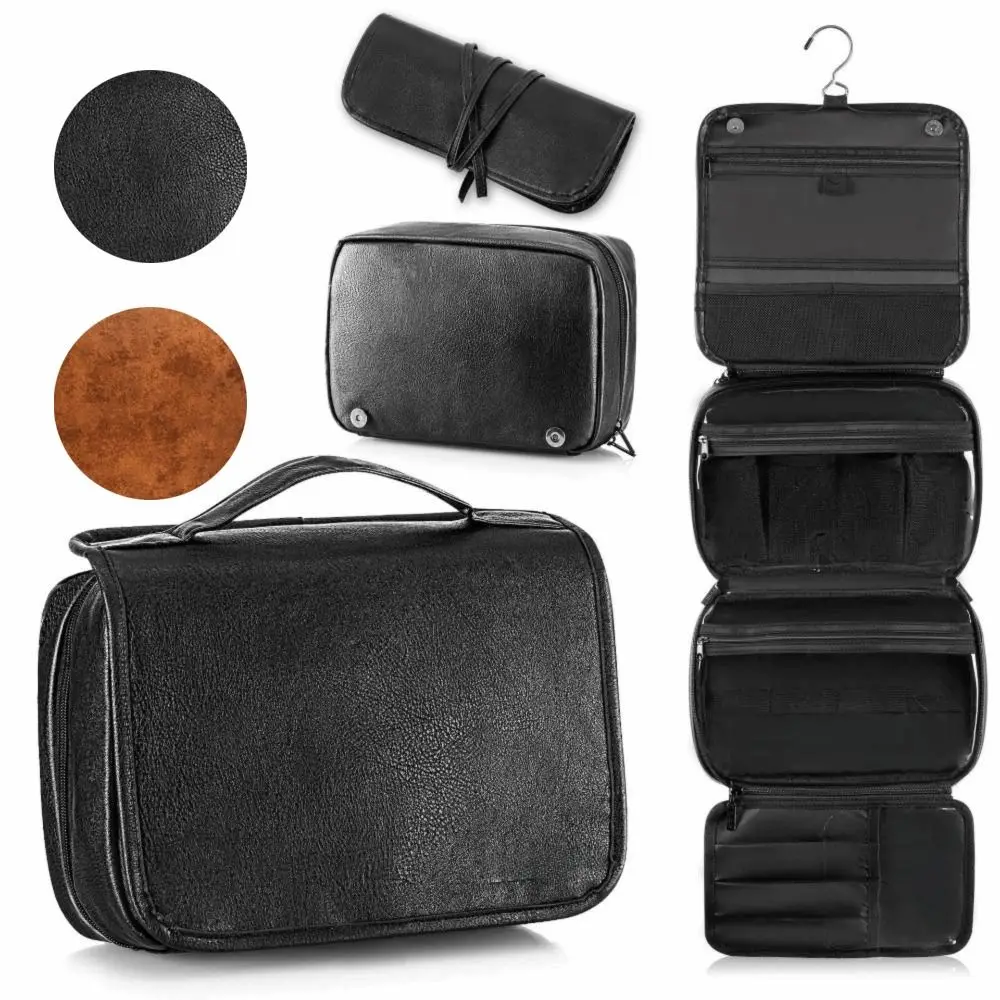 

Multi-Pocket Makeup Bag Large Size PU Leather Hanging Toiletry Bag Waterproof Design Shaving Bag Business Trip