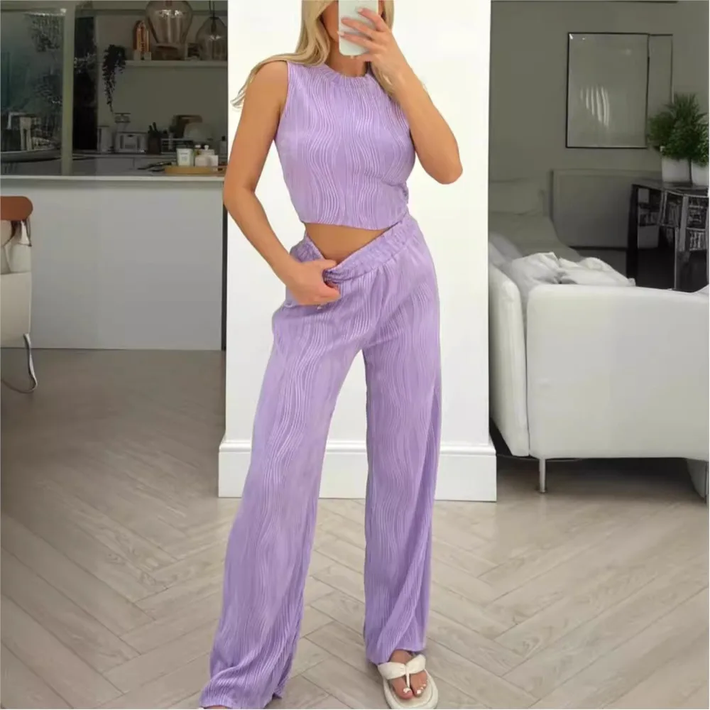 Slim Crop Top And Trousers Two Piece Set For Women 2024 Summer Solid Color Round Neck Tank Top Straight Tube Pants Suits Outfits