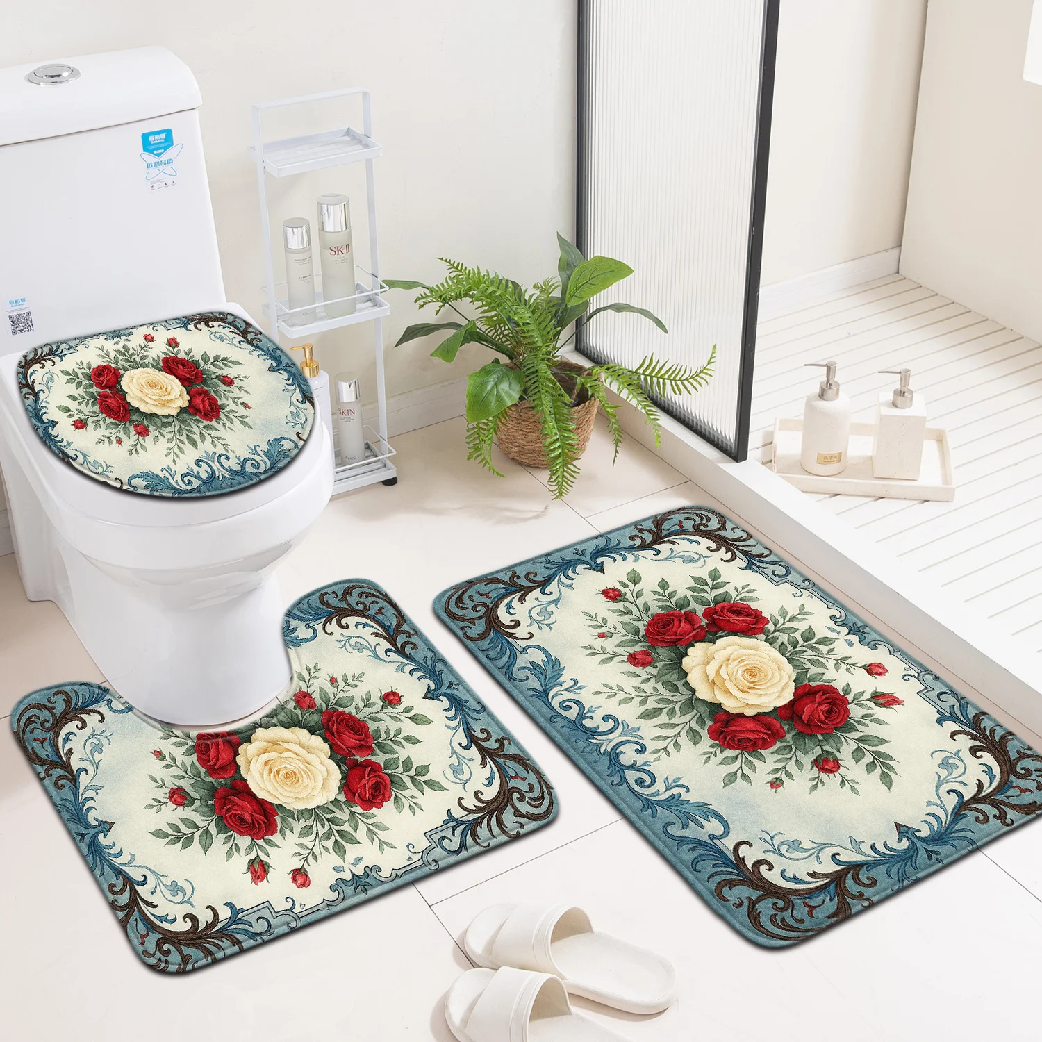 

3pcs Bathroom Three-Piece Set Floor Mat, Home Decoration Entrance Door Mat, Toilet Lid Mat Toilet Additions Set, Blue Retro
