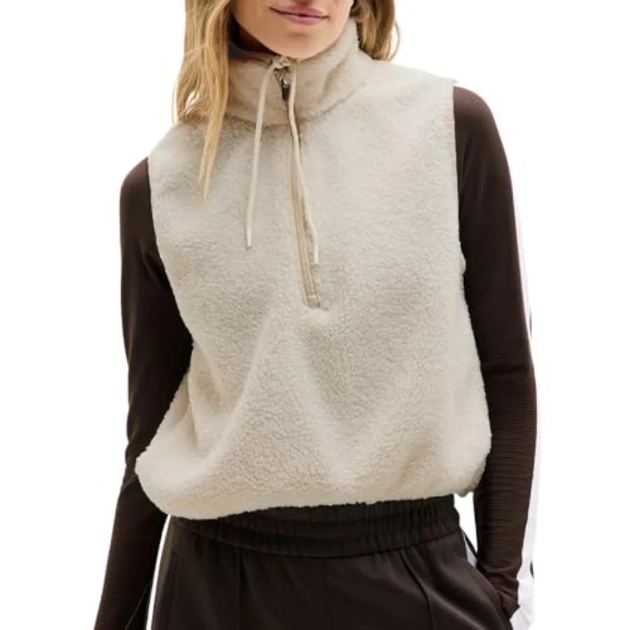 

Songling Womens Fuzzy Fleece Vest High Neck Cropped Half Zip Up Warm Sherpa Vest Drawstring Pullover with Pockets