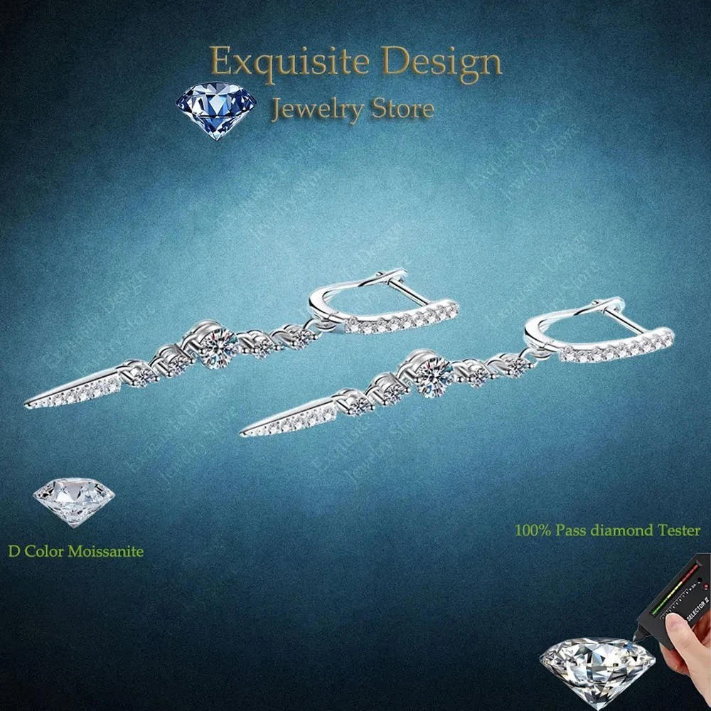

Tassel Long Full Diamond Drop Earrings Office Lady Valentine's Day Platinum Pt950 Women Wedding 1.118CT Moissanite Girl Gift