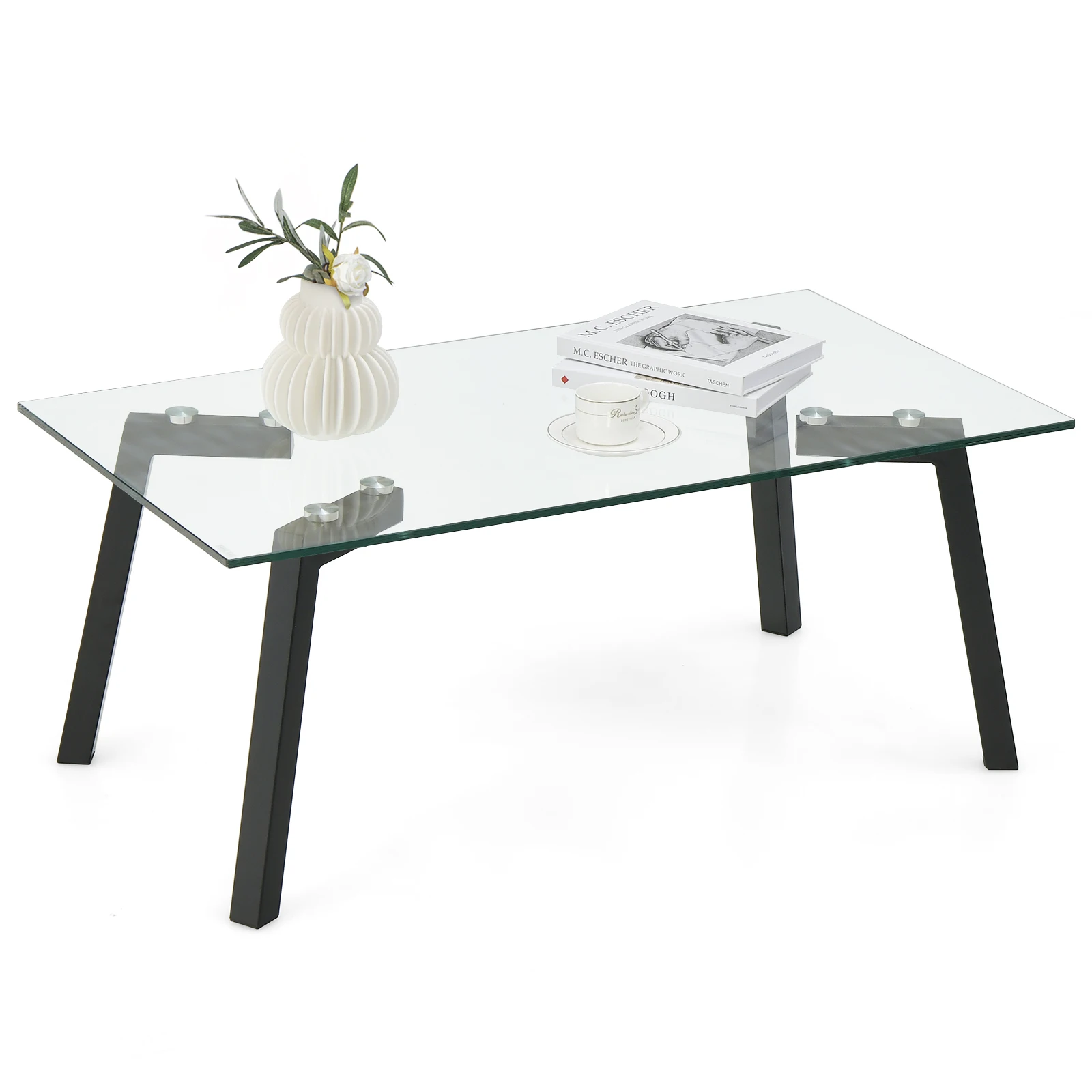 GOFLAME Tempered Glass Coffee Table Modern Center Table with Heavy-duty Metal Frame