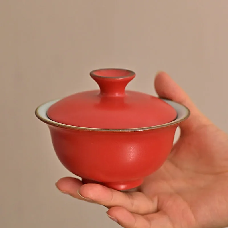 Jingdezhen Handmade Drawing Blank Red Inner Ru Ware Natural Crack Glaze Stoneware Tureen Two Pieces Tea Brewing Bowl