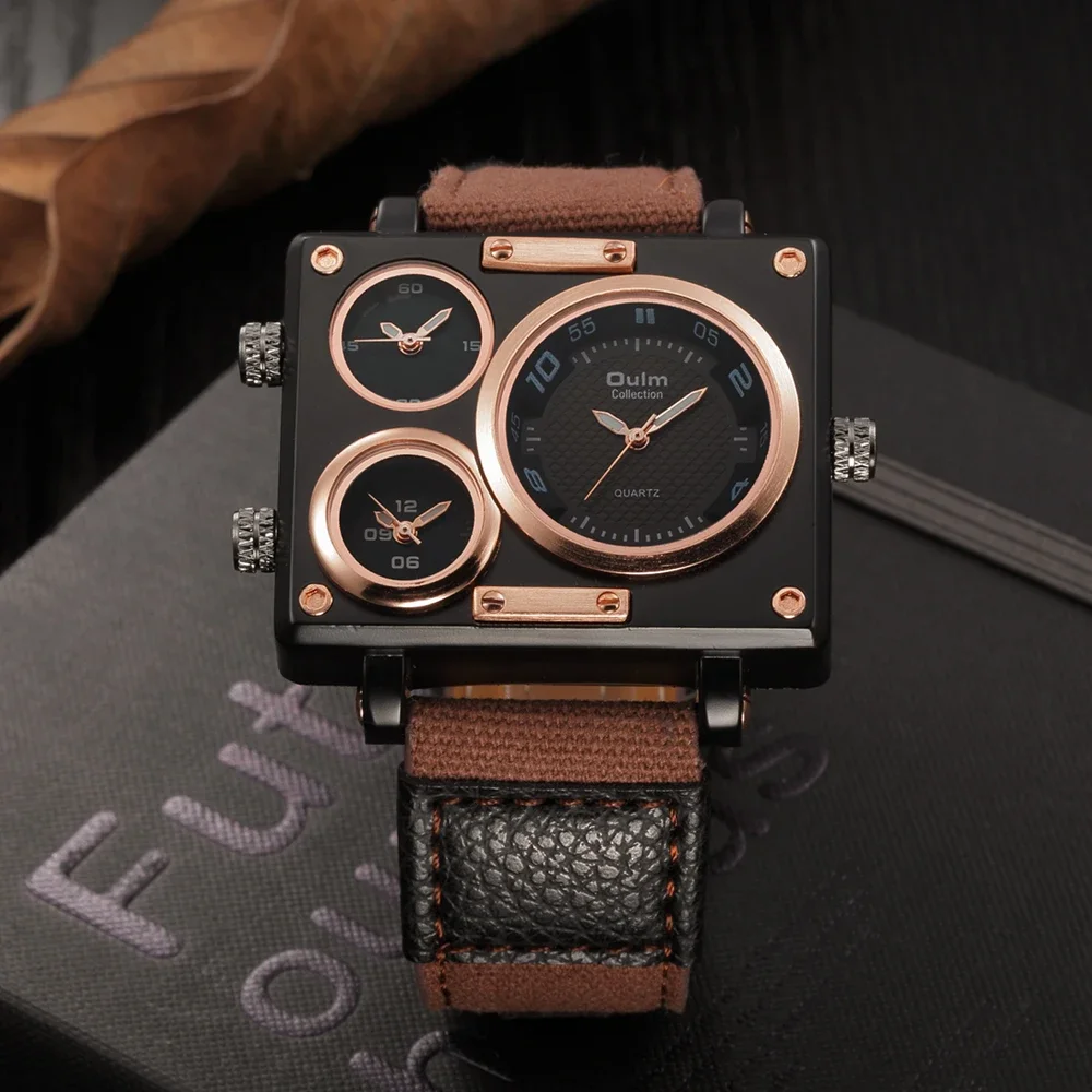 OULM Brand New Style Men\'s Watches Luxury Unique Designer Watches Men Fashion Square Big Face 3 Time Zone Casual Quartz Watch