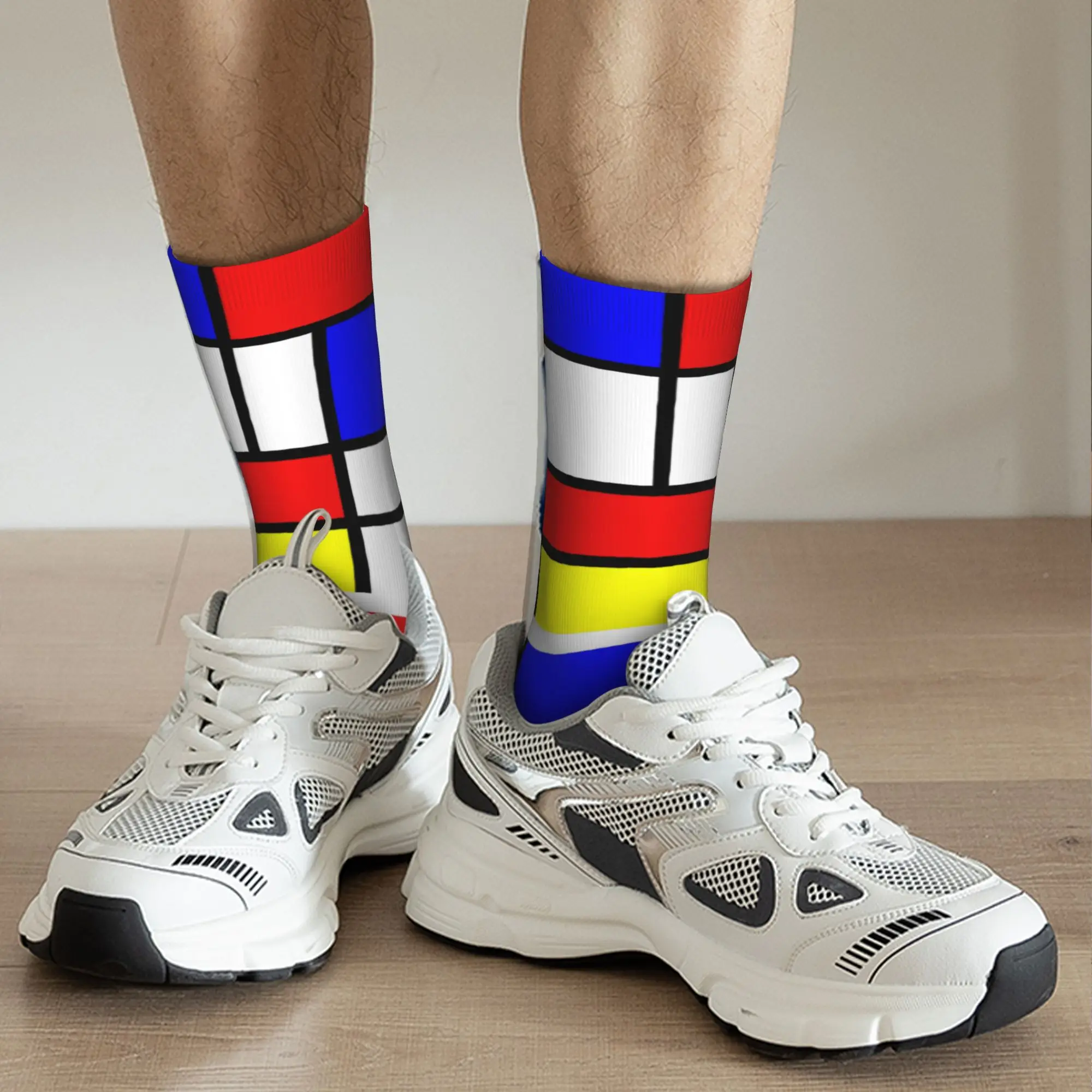 Custom Novelty Printed Mondrian Red Yellow Blue Abstract Socks for Men Women Stretch Autumn Winter Geometric Modern Crew Socks