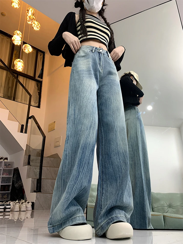 กางเกงยีนส์ทรงขากว้างสไตล์อเมริกันย้อนยุค เอวสูง ทรงหลวม สำหรับผู้หญิง ฤดูใบไม้ร่วง ฤดูหนาว รุ่นใหม่ ทรงหลวม ทรงตรง