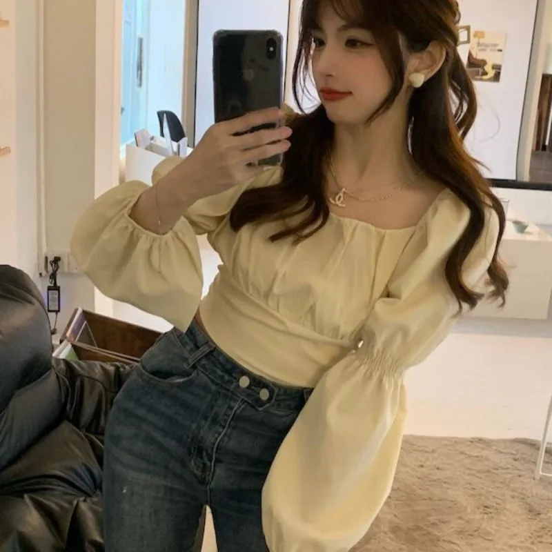 Back-bow Blouses Women Spring Chic Cropped Simple Solid Hot Sale Feminine Korean Style Leisure Streetwear Basic Mujer Blusas Ins