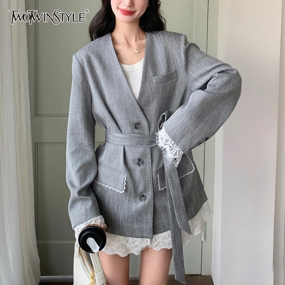 

TWOTWINSTYLE Gray Spliced Lace Basics Jacket Female V Neck Long Sleeve Loose Office Lady Chic Women's Jackets Autumn Fashion New