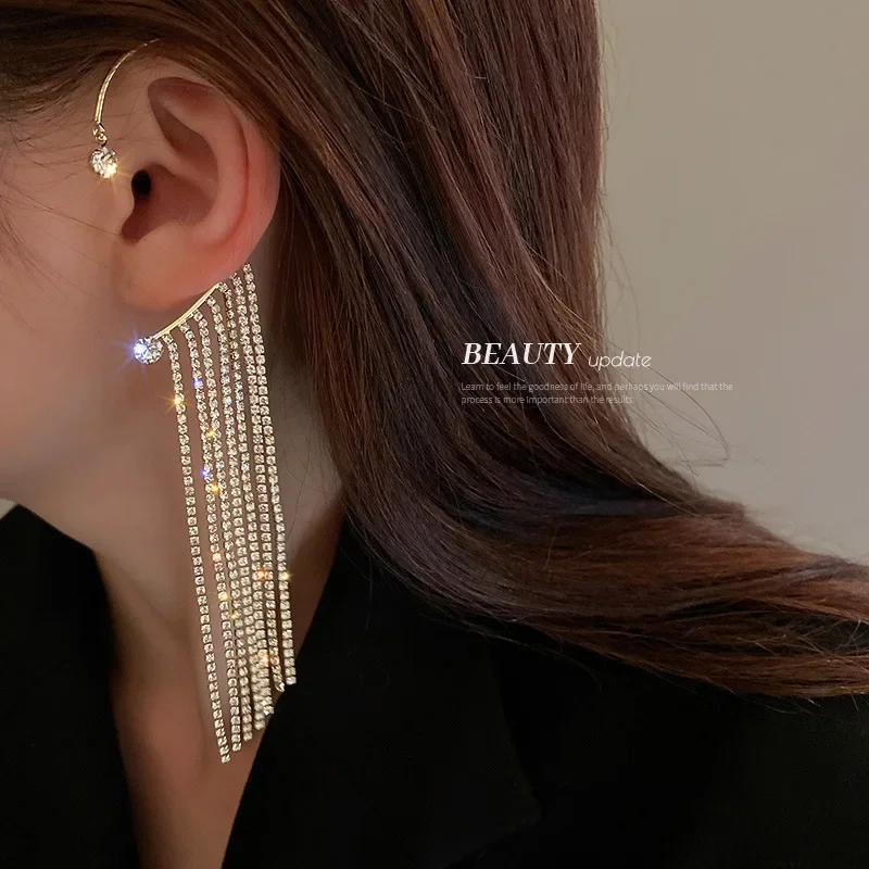 New Luxury Shining Zircon Inlaid Rhinestone Long Tassel Ear Bone Clip Earring Ear Cuff Exquisite Earring Fashion Vintage Jewelry