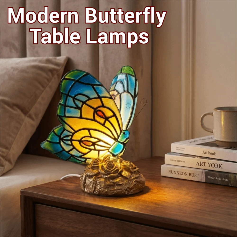 Vintage Colorful Butterfly Light LED Ornament Butterfly Retro Night Light USB Stained Glass Modern Table Lamps for Bedroom