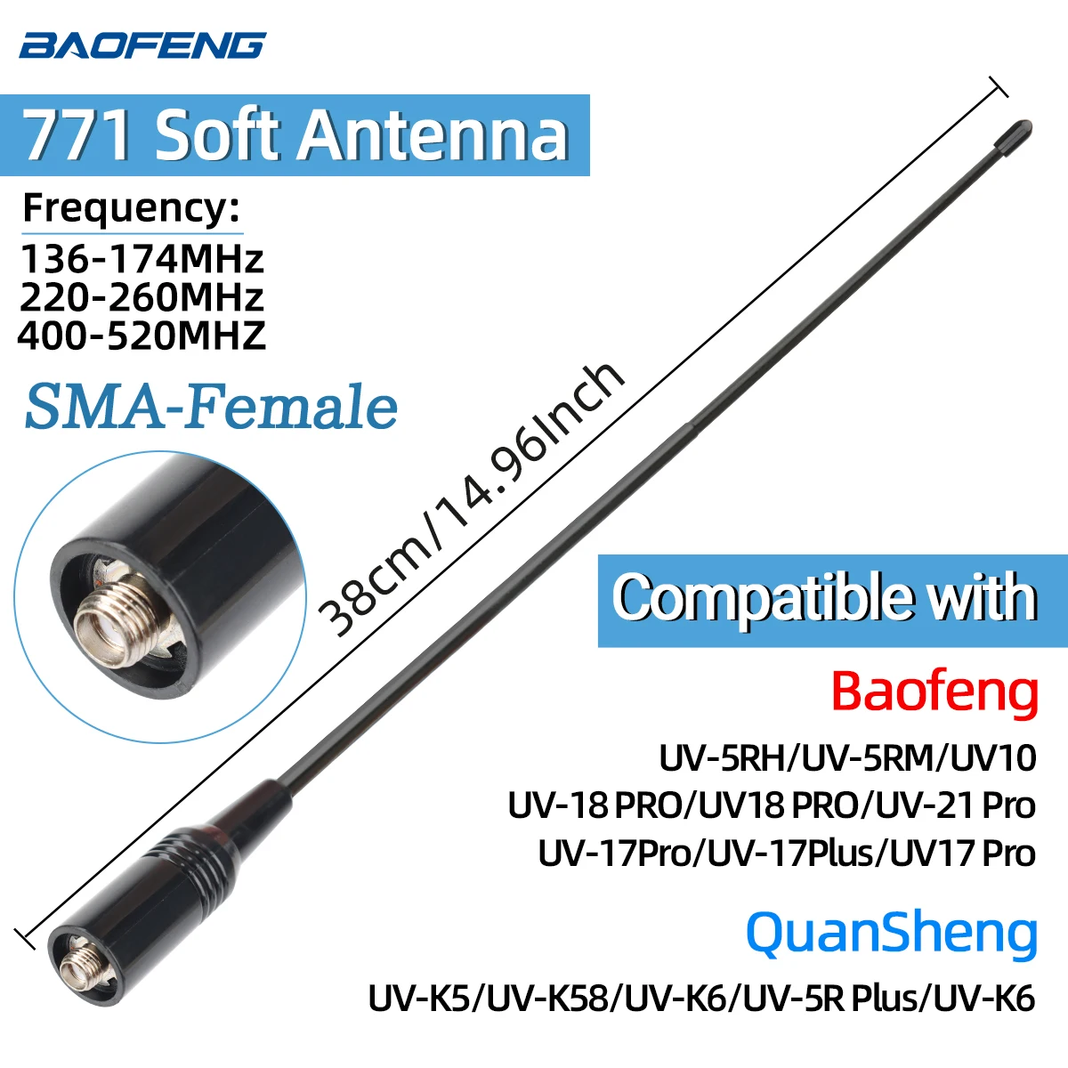 ABBREE Walkie Talkie Antenne SMA Vrouwelijke Mannelijke VHF UHF Band Tri-Band GMRS voor BaoFeng UV-5R BF-888S Quansheng UV-K5 K6 Ham Radio