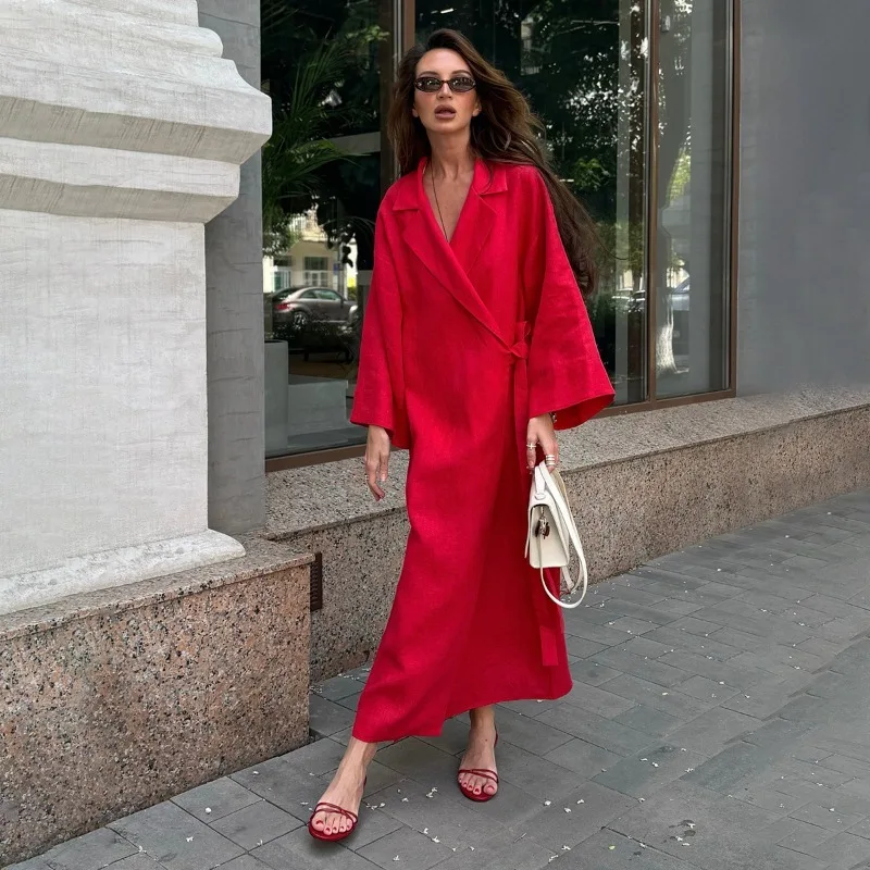 

2025 Autumn Women's Casual Loose Long Sleeves Long Nightdress Cotton Linen Dress Lapel Lace-Up Design European American Style