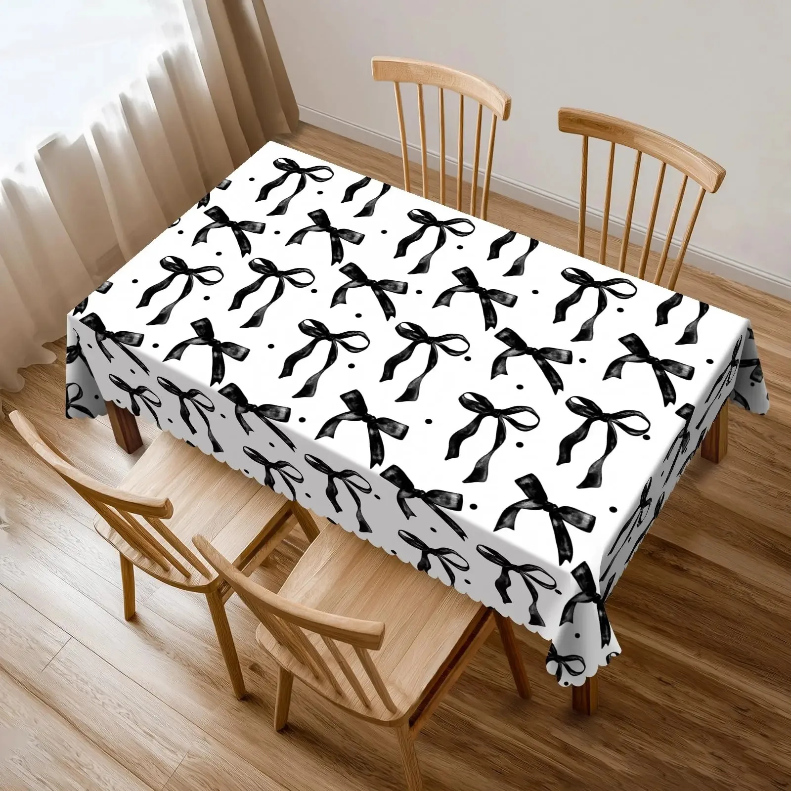

Black Bowknot Waterproof Polyester Tablecloth 2D Flat Printed Stylish Ribbon Table Cover For Kitchen Dining Room Home Decor