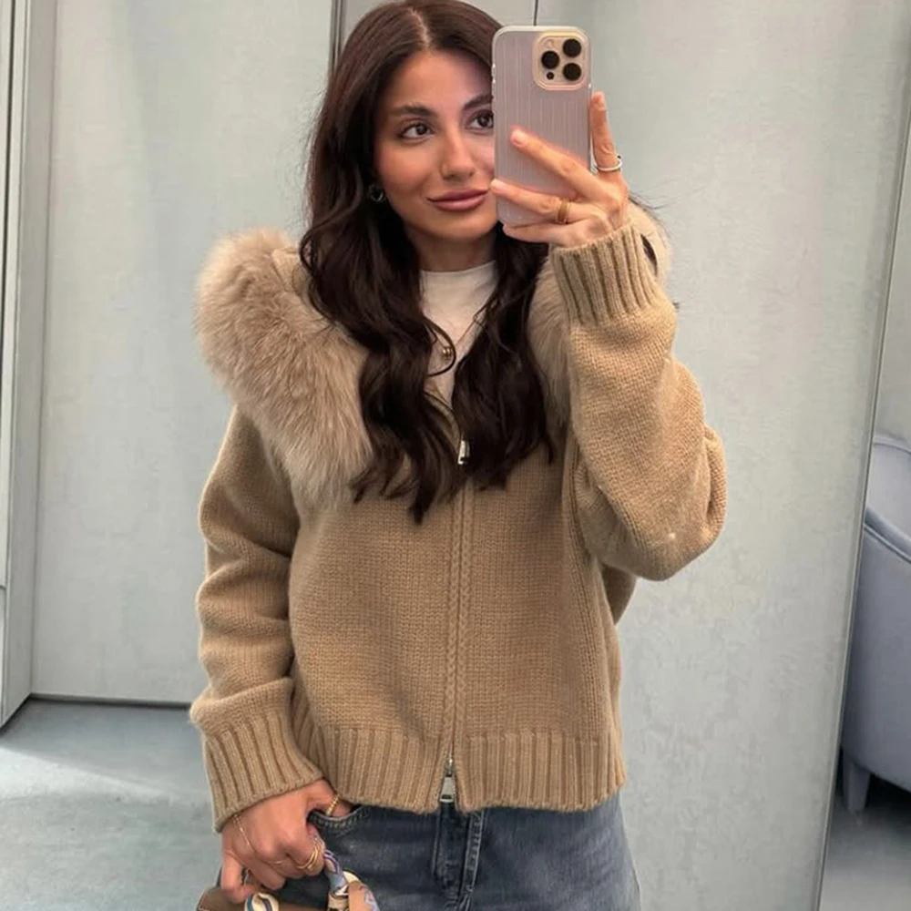 Pop Winter Female Sweater Hoodie Cardigan Fluffy Zipper Patchwork Long Sleeve Ribbed Solid Knit Jacket Coat Women's Cardigan