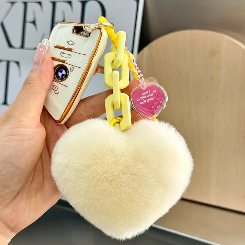 LLavero de corazón de piel de conejo Rex Real, llavero creativo de silicona, lindo encanto de bolsa de corazón, accesorios de decoración de coche,