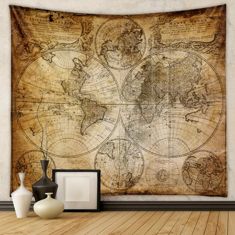 VIKAMA Polyester Map Tapestry Retro World Map Aesthetic Wall Hanging for Bedroom Dorm Living Room Home Decor