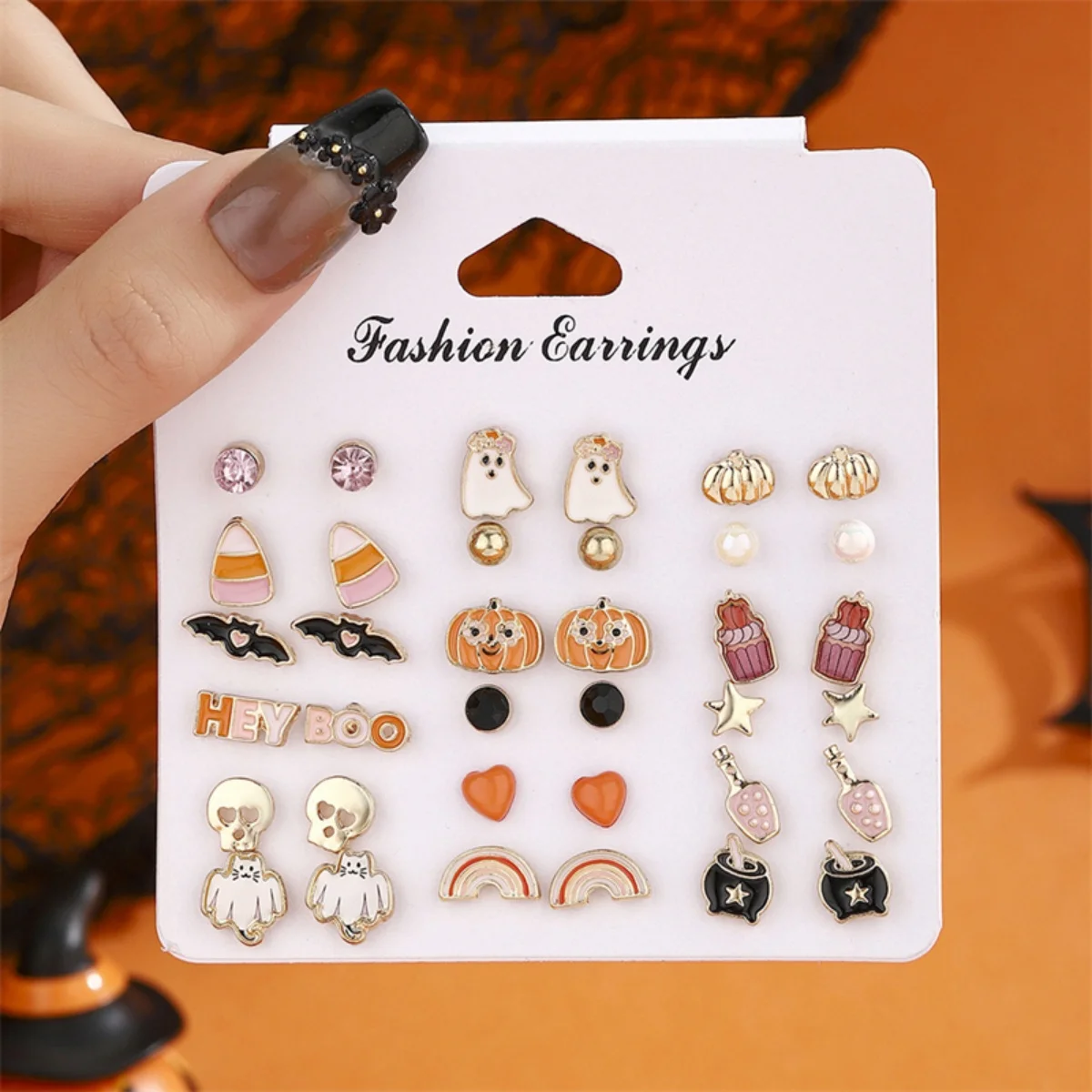18Pairs/Set Exquisite Halloween Ghost Pumpkin Bat Star Skull Heart Funny Stud Earrings For Women Men Gothic Party Jewelry Gift