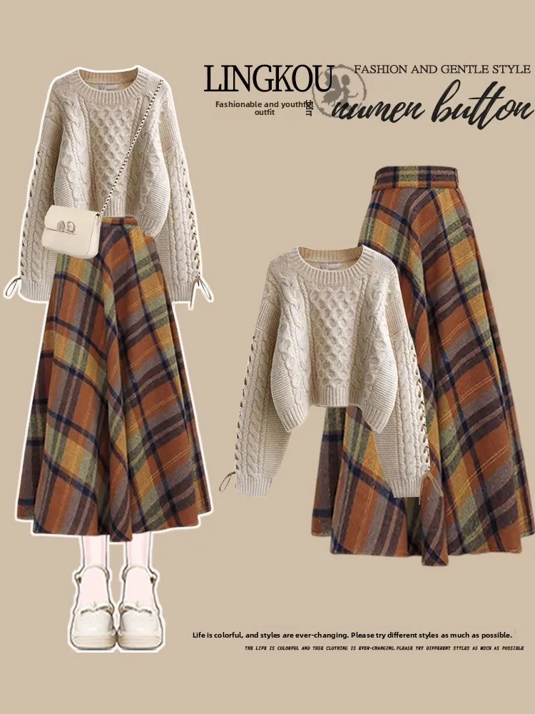 

High Waist Knitted Sweater And Plaid Skirt Two Piece Set for Women Autumn Winter Professional Ensemble Slimming Effect