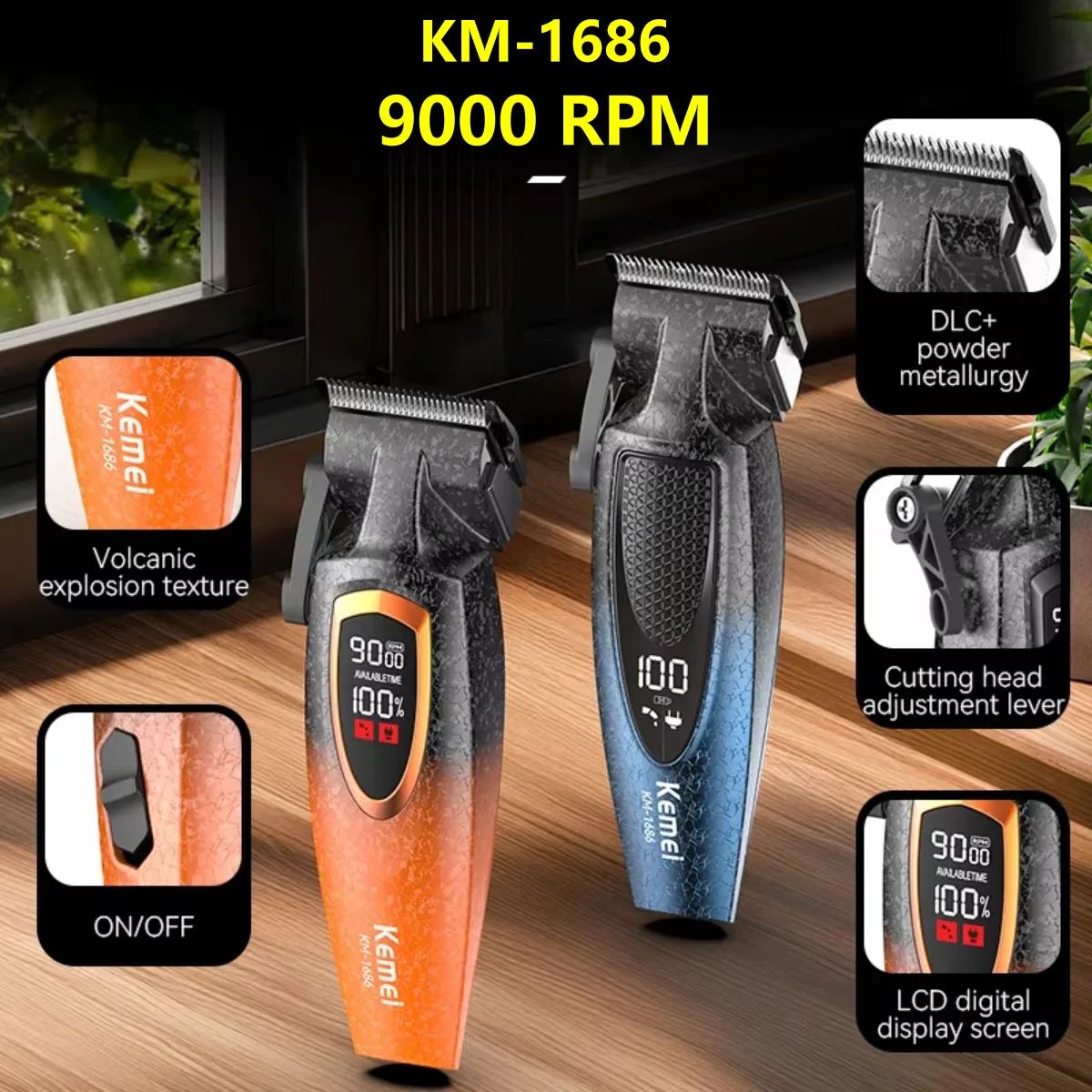 Kemei Clippers Professional Hair Cut Machine 9000 RPM Hair Clippers Electric Body Trimmer Rechargeable Hair Clippers Men KM-1686