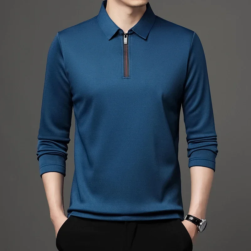 Solid Color Long Sleeve Polo Shirt Fashion Zipper Men\'s Polo Neck Top Cotton Polo Collar Long Sleeve T-shirt