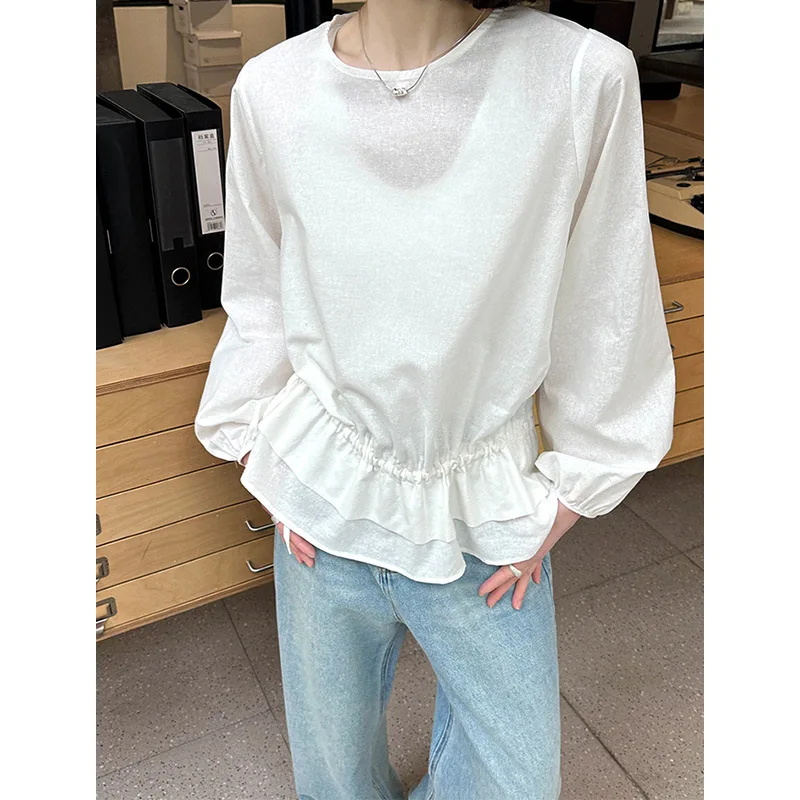 

Spring New Korean Style French Stand Up Collar Double Layered Ruffled Hem Drawstring Bow Shirt