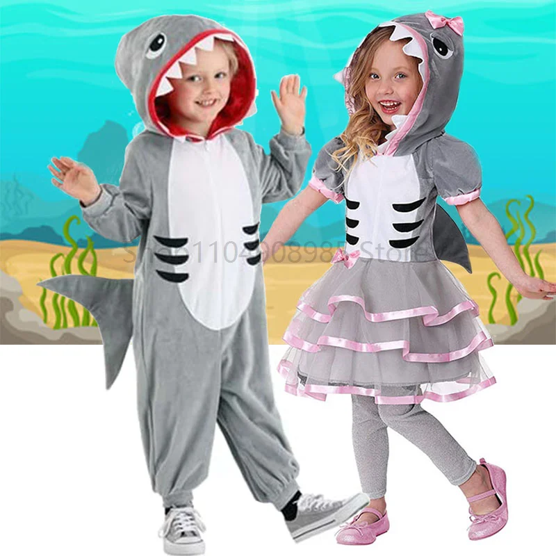 

Shark Costume Boys Girls Grey Shark Cosplay Ocean Animal Theme Party Carnival Dress Children Game Play Stage Performance