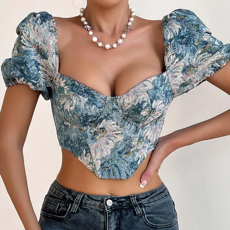 Summer Woman Tees Sexy Deep V Neck Backless Puff Sleeve Fishbone Retro Print T-Shirts Clothing Elegant Bohemian Slim Short Tops