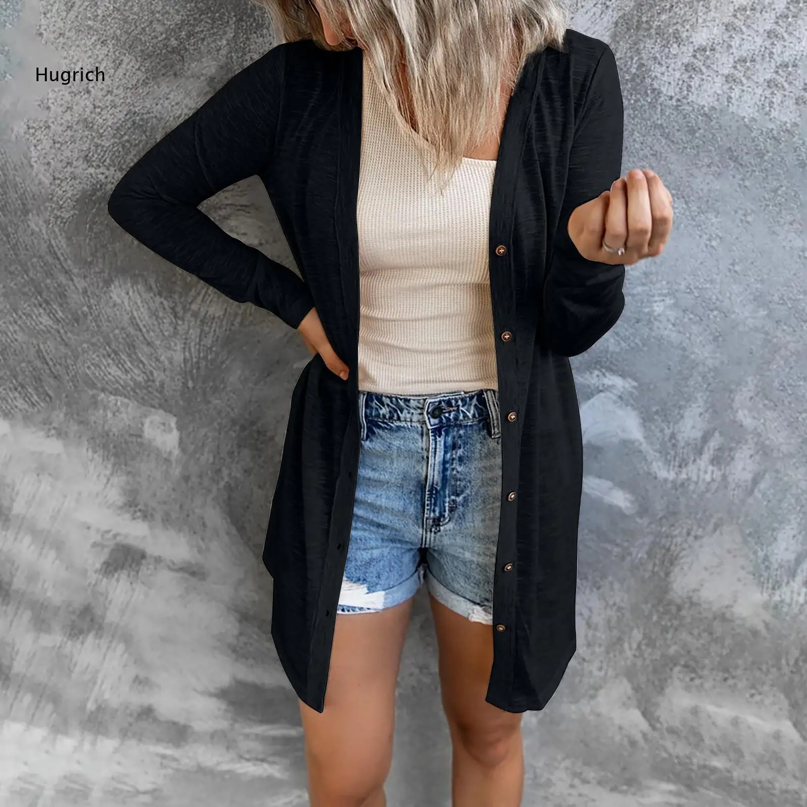 Women Long Sleeve Button Front Cardigan Open Front Mid Length Casual Lightweight Knit Outerwear