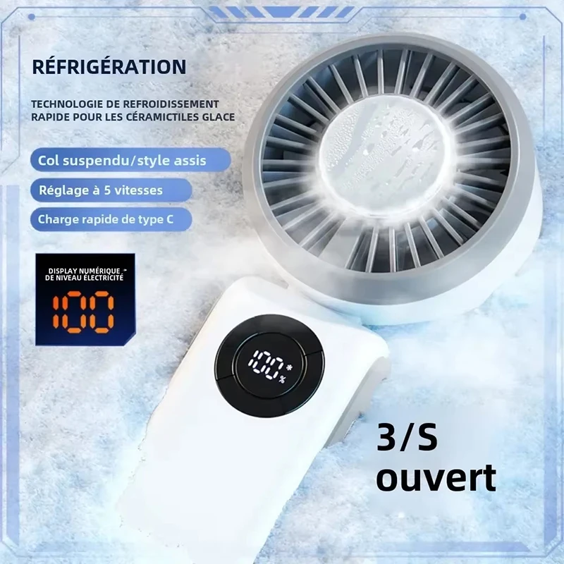 Ventilador elétrico portátil de refrigeração, resfriamento de gelo, 100 velocidades, dobrável, pendurado no pescoço, tipo c, recarregável, acampamento ao ar livre