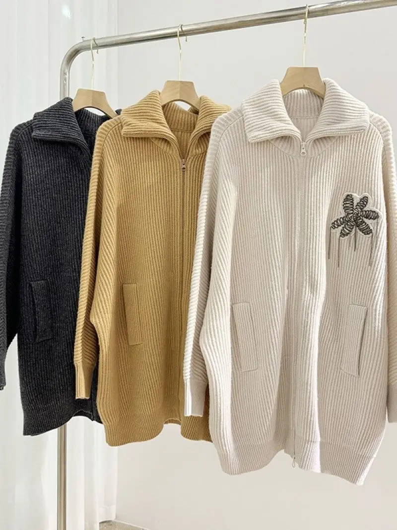 

Women Mid-Length Knit Cardigan 100% Cashmere Bead Embroidery Turn-down Collar Long Sleeve Zipper Casual Autumn Winter Sweater