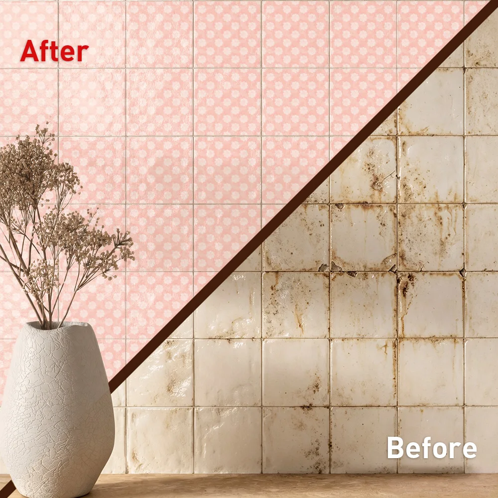Pink Polka Dot Tile Stickers Waterproof Peel and Stick Self Adhesive Oil Proof Backsplash Decals Floral Wallpaper for Home Decor