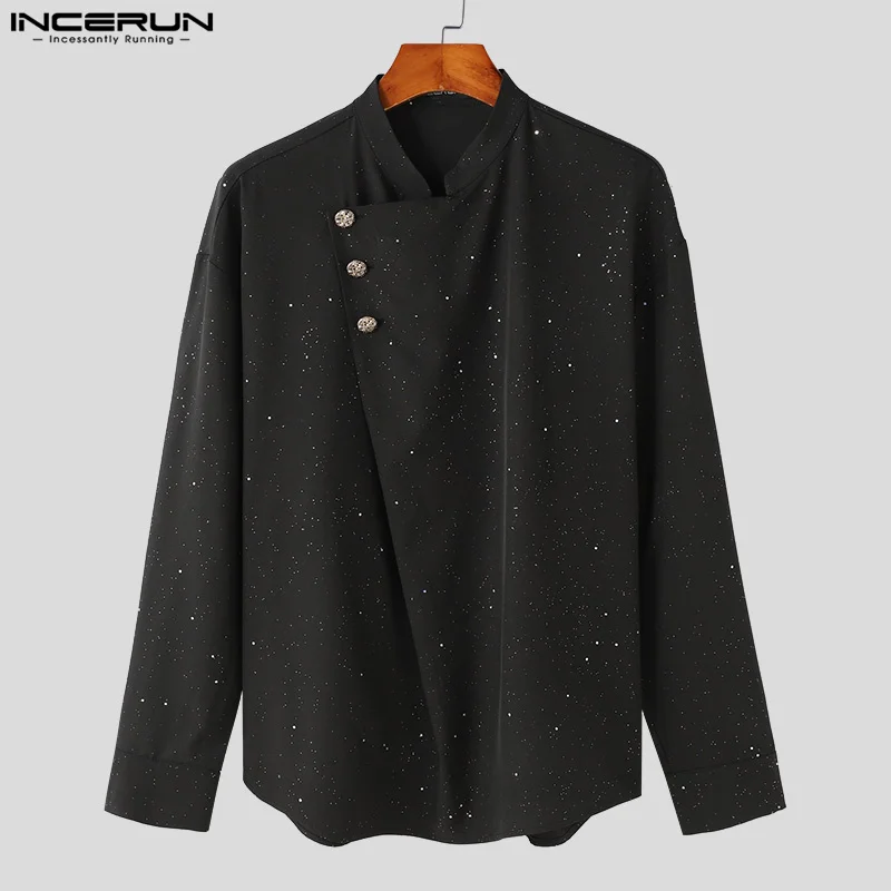 INCERUN Tops 2024 Korean Style Fashion Men Sparkling Pile Collar Slanted Placket Design Shirts Casual Long Sleeved Blouse S-5XL