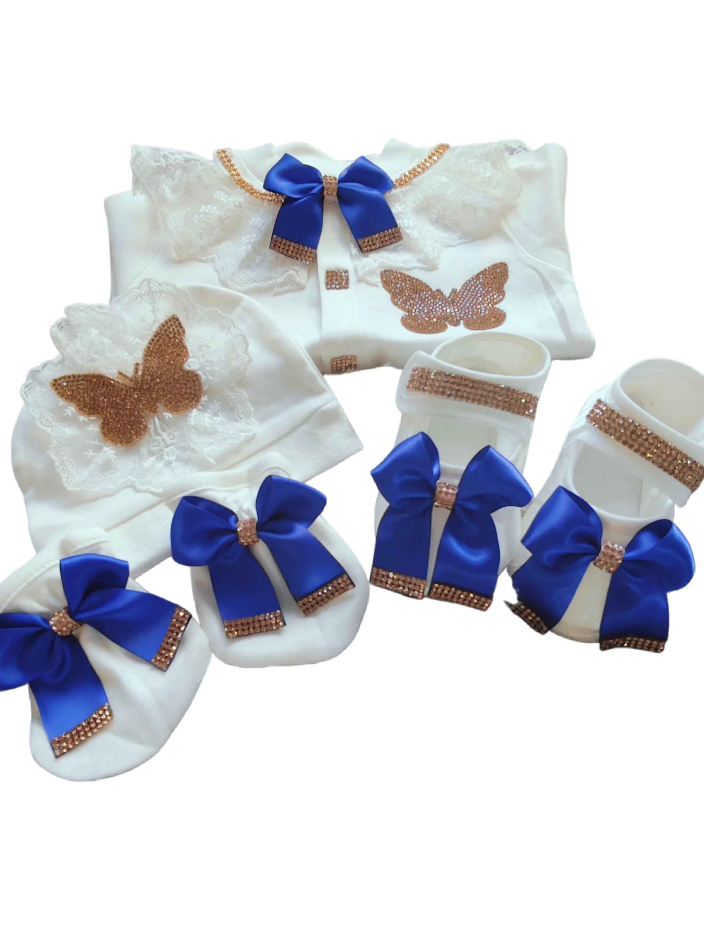 Dollbling Royal Blue & Gold Butterfly 4-Piece Set For 0-3-Month Baby, Customizable Bodysuit Pajamas Layette for Photo Show Gift