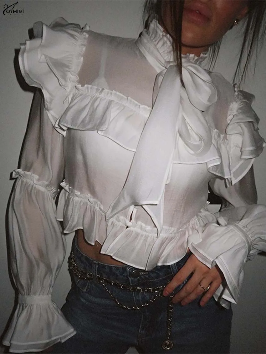 Oymimi Fashion White Ruffle Neck Women Shirts Elegant Cascading Ruffle Long Sleeve Lace-Up Shirt Casual Button Translucent Shirt