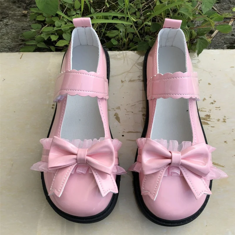 Women Lolita Shoes Kawaii Japanese Style Lace Patchwork Bow Hook Loop Mary Janes Girls Students shoes Solid Footwear