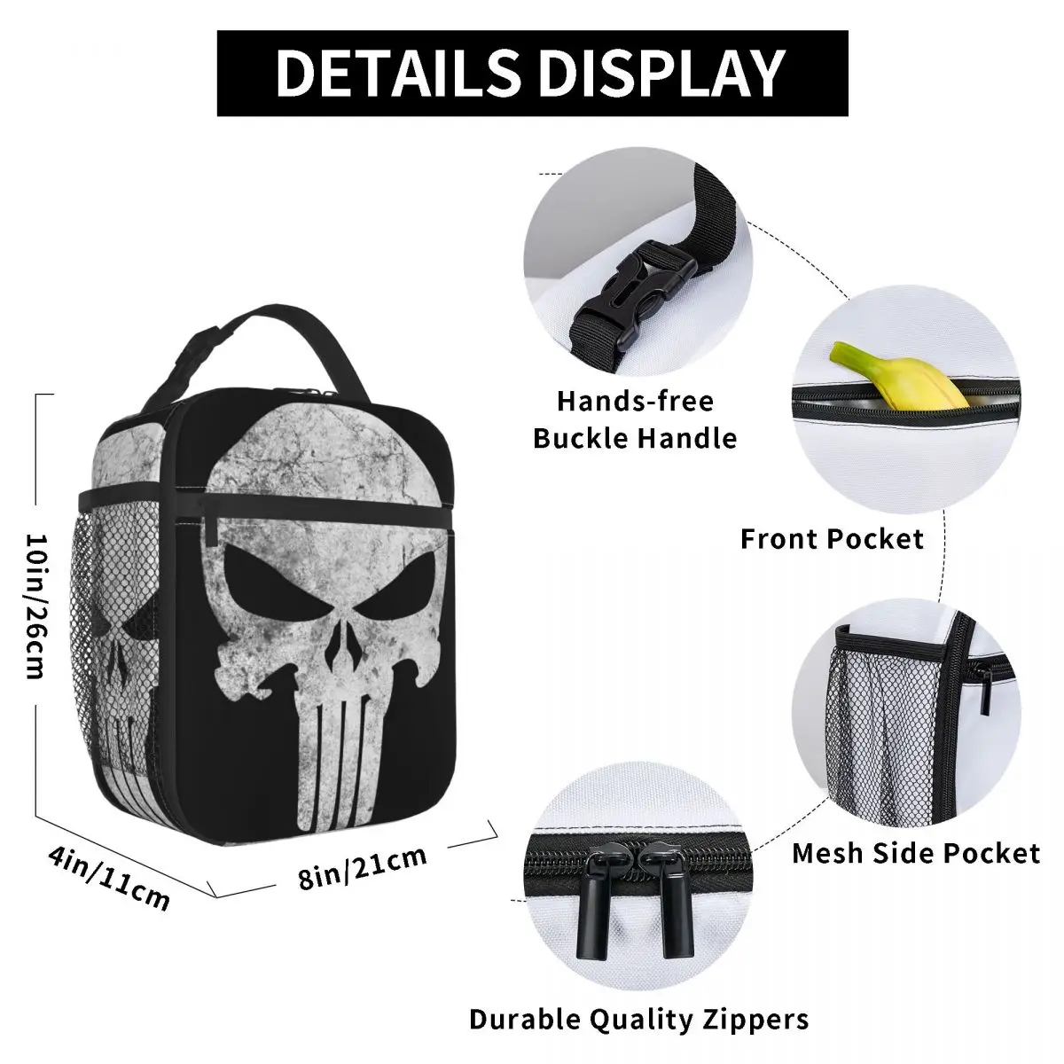 Custom Punisher Skull Grunge Insulated Lunch Bags for Women Portable Thermal Cooler Food Lunch Box Work School Travel