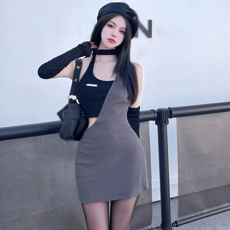 Versione coreana delle ragazze che appendono il collo Hollow Sexy Slim fit abito a maniche lunghe con spalle scoperte vestito attillato estivo Sexy