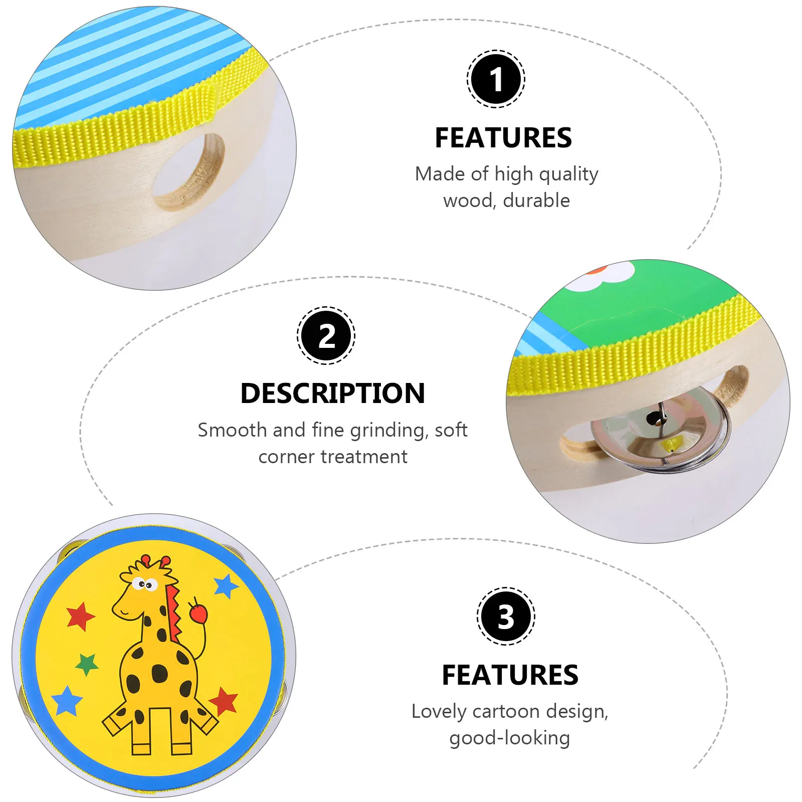 

Wood Handheld Tambourine Cartoon Pattern Educational Kids Musical Instrument 4 Pairs Jingles Eco-Friendly Wood Tambourine For