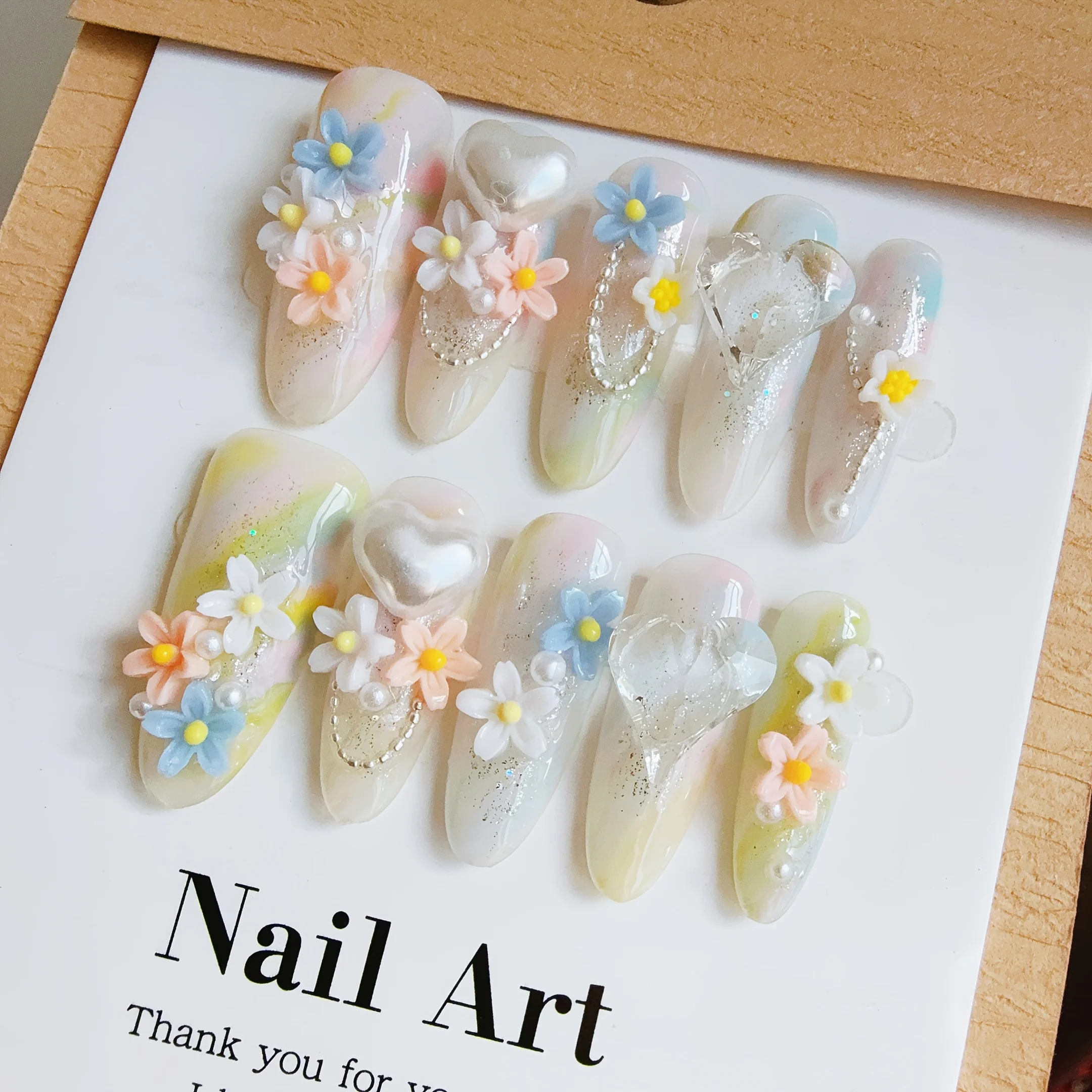 10pcs High-end Colorful flowers handmade fake nails, Light luxury long women with multi-color nail nail patch