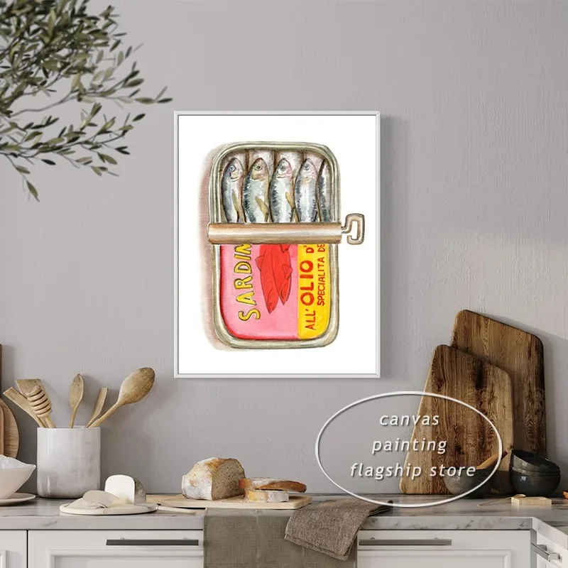 Póster Vintage de acuarela de sardinas estañadas de pescado, lata de sardina, regalo de comida, impresión en lienzo de comida Retro, arte de pared, decoración de cocina moderna