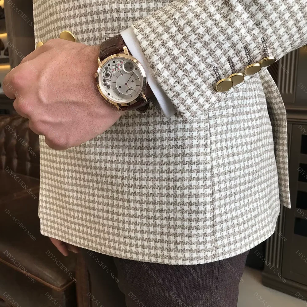 Chic Houndstooth Men Suits 2 Piece Fashion Jacquard Blazer with Solid Color Pants High-end Peak Lapel Double Breasted Male Suit