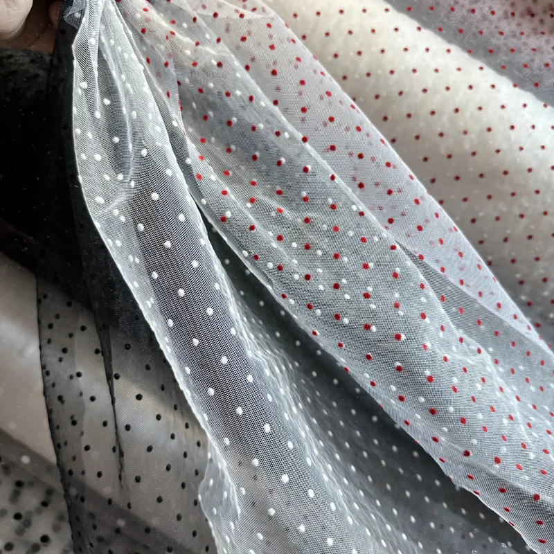 White Polka Dot Circular Dots Flocking Transparent Encryption Mesh Autumn Children's Clothing Formal Dress Fabric Fabric