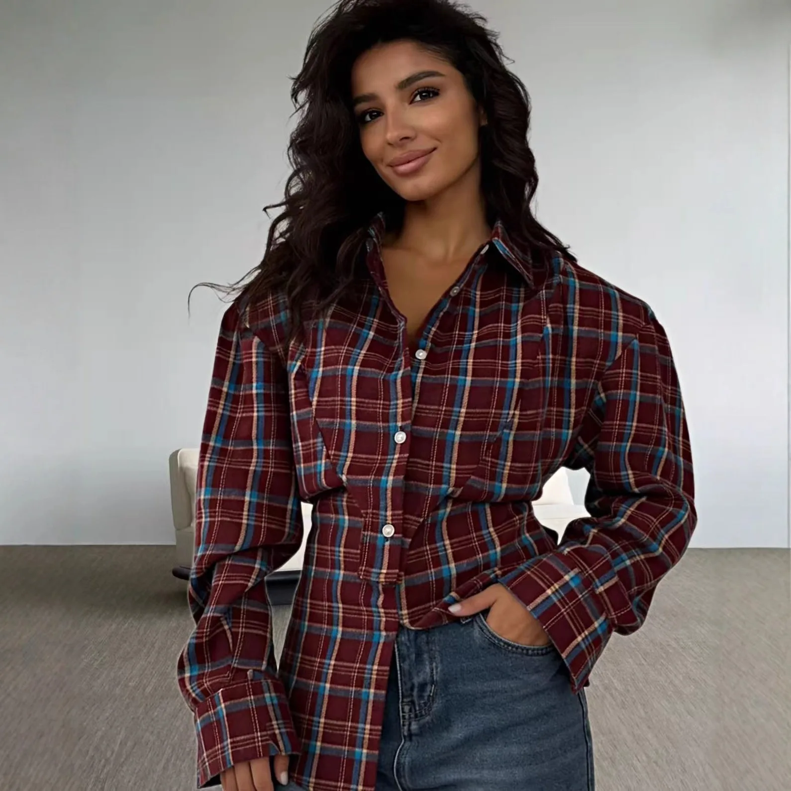 

Fashion Loose Plaid Women Blouse 2026 Vintage Lapel Long Sleeve Shirt Elegant Classic Lace-Up Top Female Clothing Streetwear