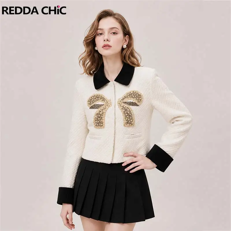 REDDACHiC Diamond Embellished Bow Tweed Blazer Women Luxury Color Block Hidden‑button Lapel Crop Suit Jacket Cutecore Outwear