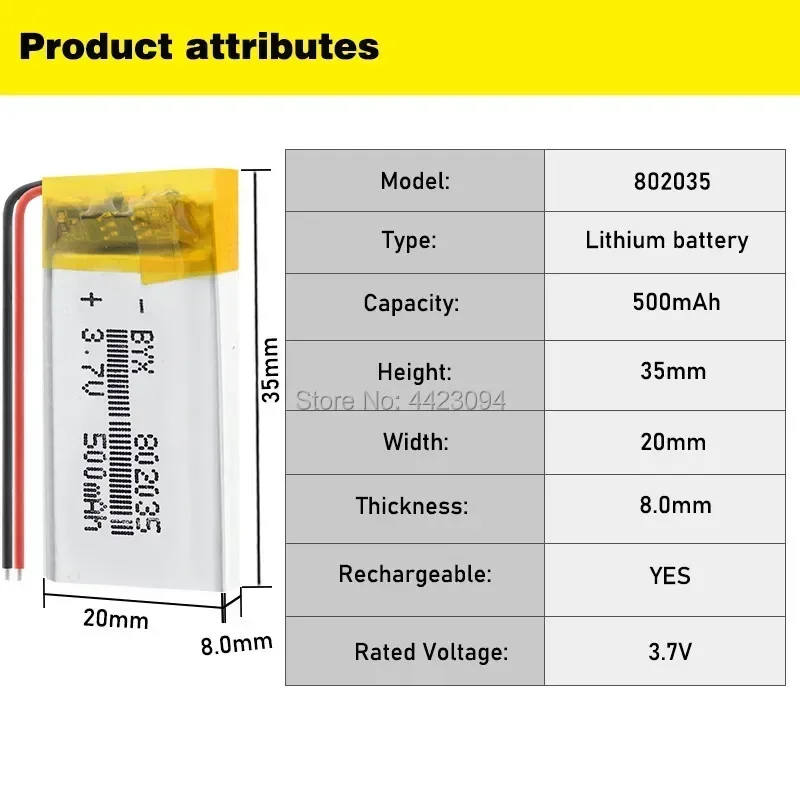 3.7V 500mAh 802035 polymer lithium ion battery For MP3 MP4 DVR DVR Toys Mio mivue 536 mio 518 recorder mirror dvr phone speaker